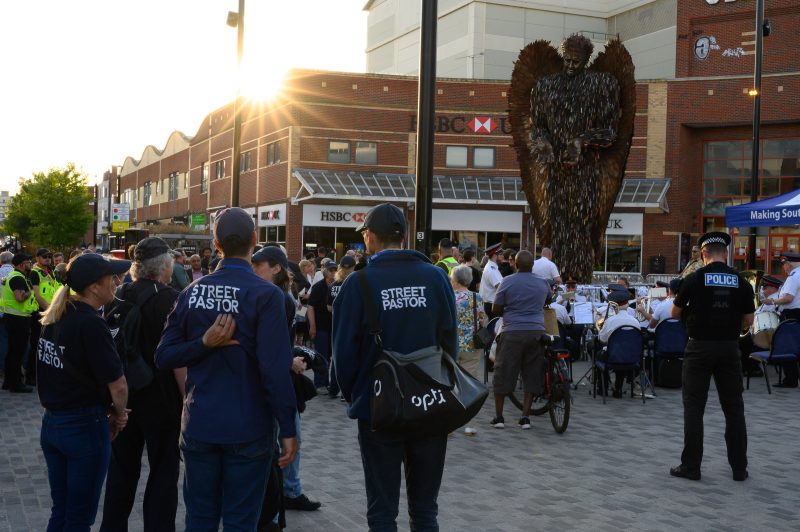 Southend Street Pastors stand with crowds at the Knife Angel, Southend - Sean Buckley