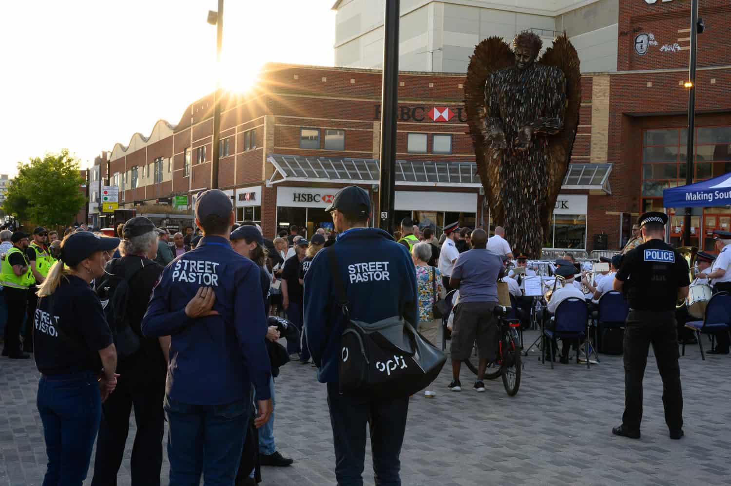 Southend Street Pastors stand with crowds at the Knife Angel, Southend - Sean Buckley