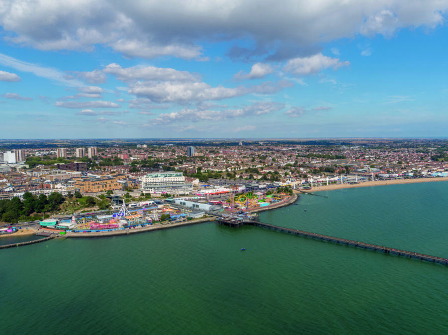 Aerial view of Southend Pier with Southend-on-Sea behind to the east